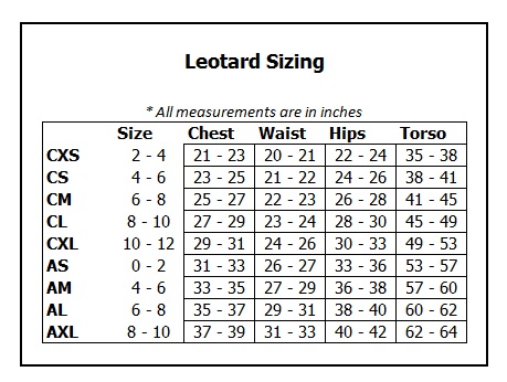 Gymnastics Leotard Size Chart