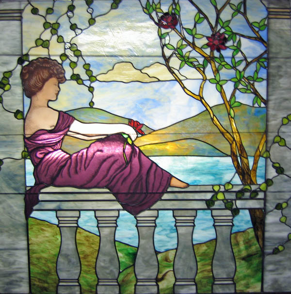 Hand painted features in this stained glass window measuring 65" X 65"