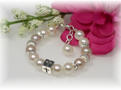 First Communion Bracelet Pink White Freshwater Pearl
