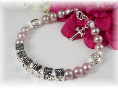 Personalised Box Vintage Pink Pearl Christening Bracelet Silver Name Bracelet