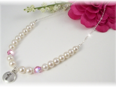 First Communion Necklace White Freshwater Pearl and Swarovski Crystal Birthstone