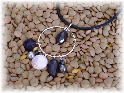 Leather, sapphire, pearl  and sterling silver necklace