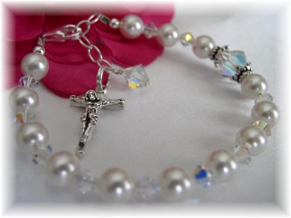 Girl Rosary Bracelet Swarovski Crystal and Pearl