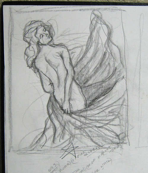 Sketch of woman swirling drape by John Entrekin