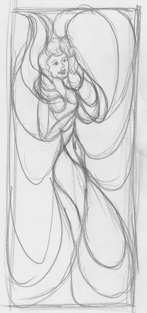 Sketch of woman standing for swirly painting by John Enterekin