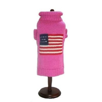 pink dog sweater with american flag across back