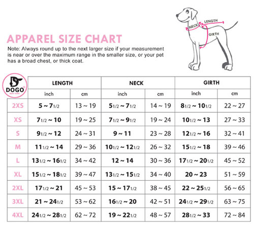 dogo dog coats size chart