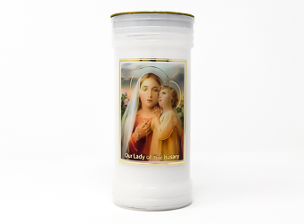 Our Lady of the Rosary Pillar Candle.